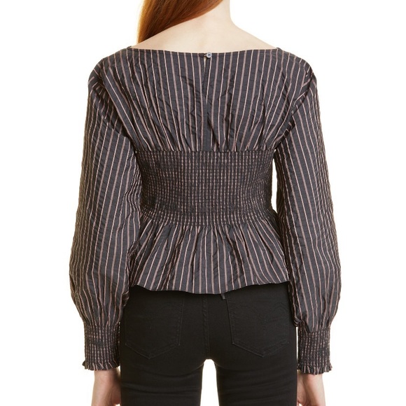 NEW Cinq à Sept Houston Striped Smocked Peplum Top *Graphite/Dark Salmon* Sz L - Picture 3 of 16